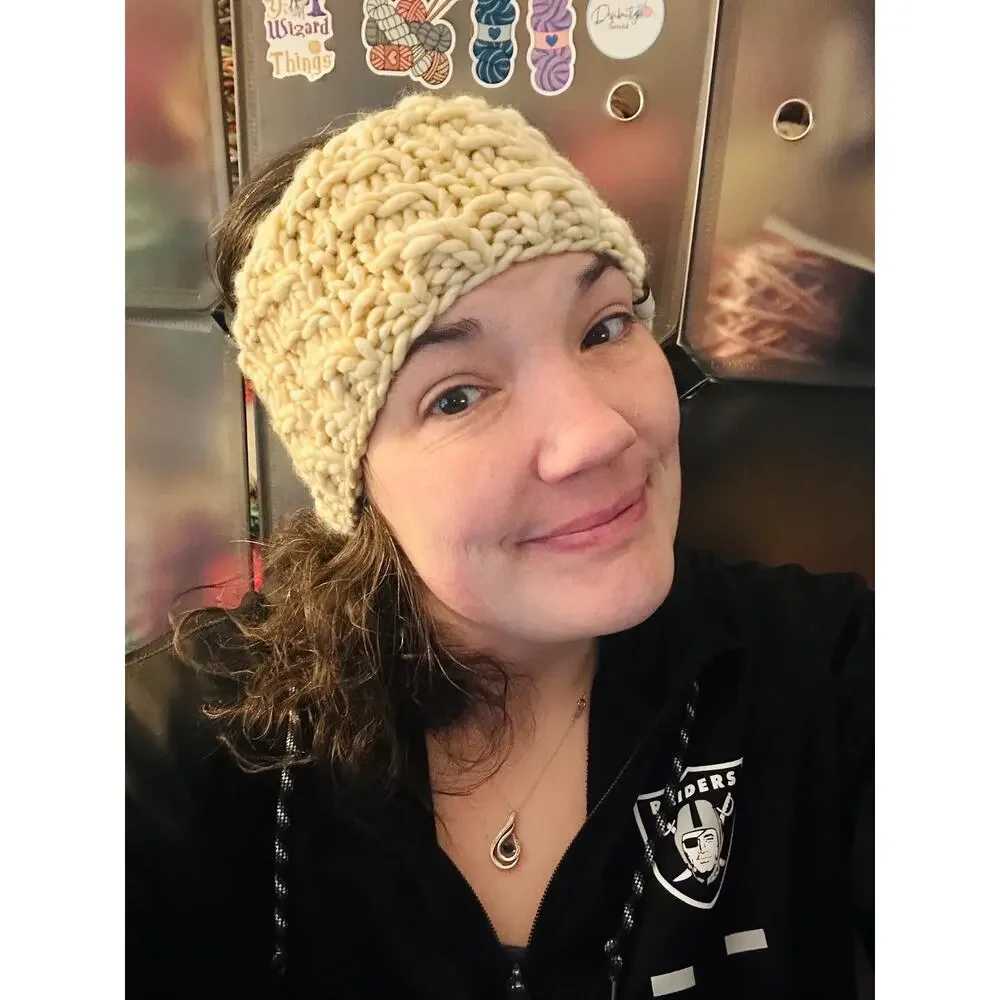 Hand Knit Merino Wool Headband - Lean On Me Design - Ivory Merino Wool